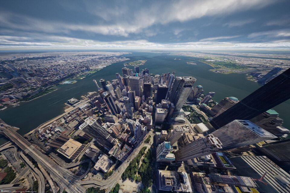 Cinematic aerial view of New York harbour