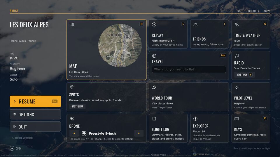 The pause menu of FPV Worldwide: map, replay, friends, weather, travel, flight log
